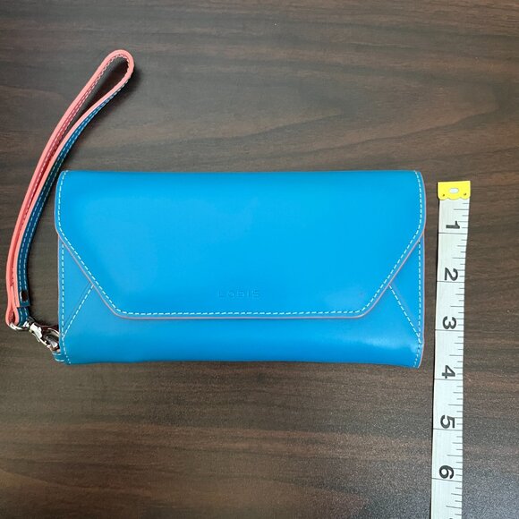 Lodis Audrey Blue & Coral Leather Wristlet Phone Wallet Detachable Strap New - Picture 7 of 7